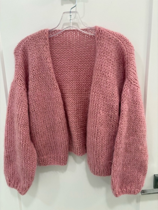 Handmade Sweaters - Pink Wool Hand Knit Oversized Balloon Sleeve Cardigan Sweater